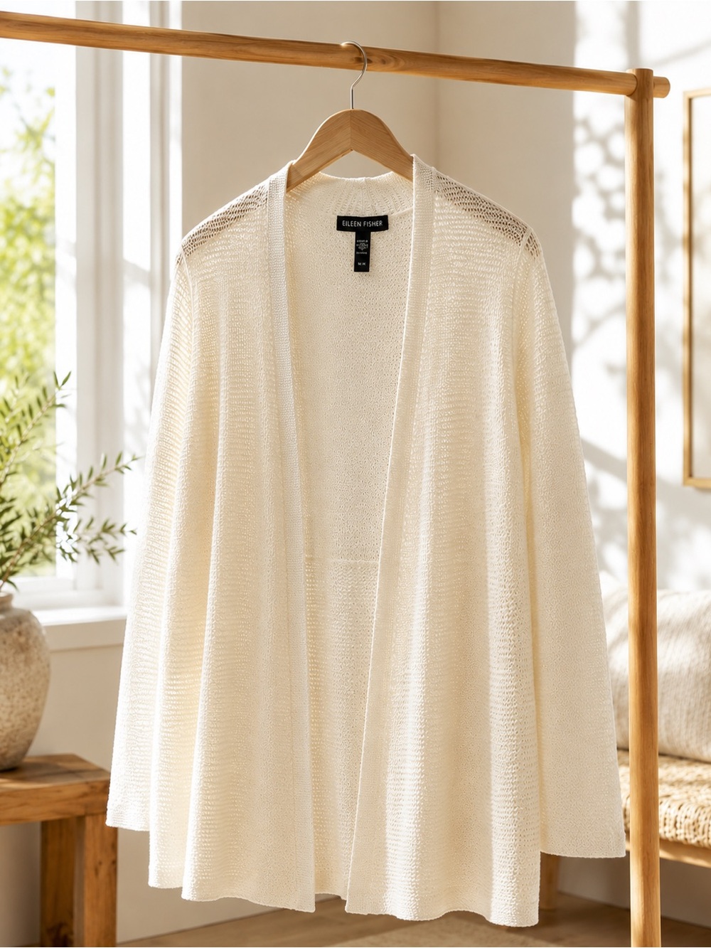 Eileen Fisher Organic Linen Cotton Open Knit Cardigan Medium